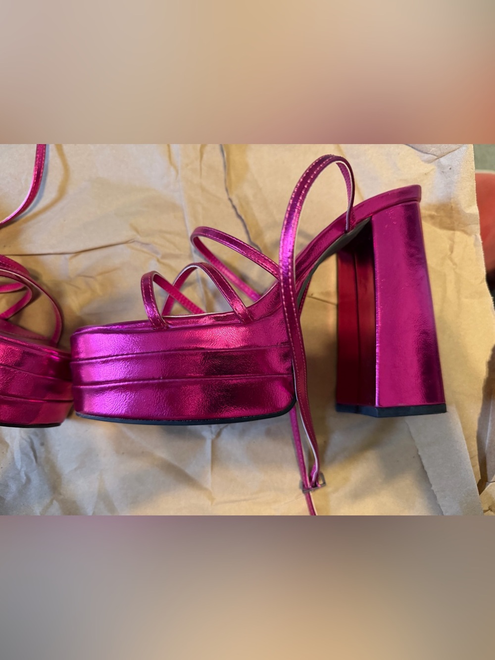 Azalea Wang Metallic Hot Pink Platform Strappy Heels with Wrap Ankle Ties - Picture 7 of 9